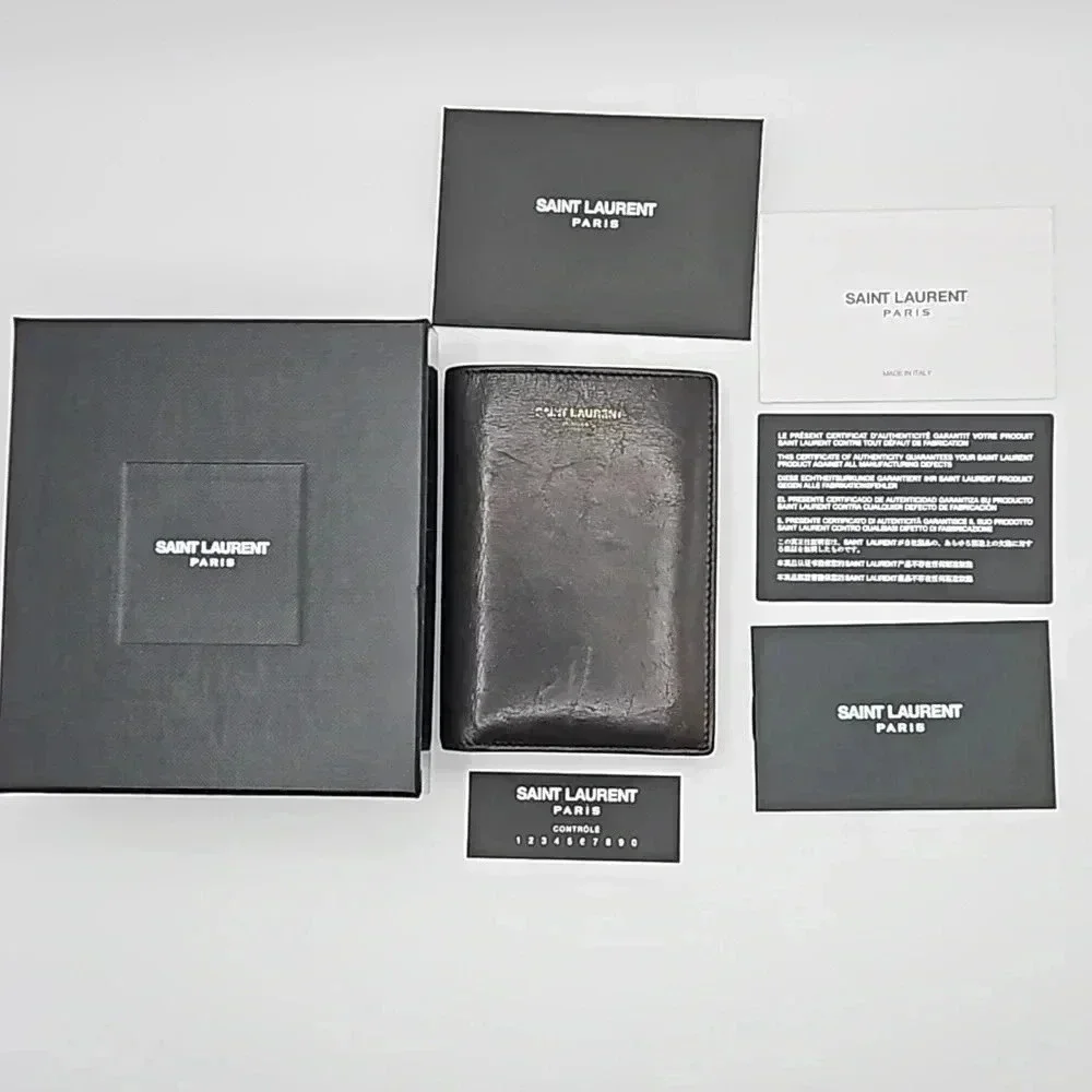 Saint Laurent Paris Credit Card Wallet Black Embossed Leather